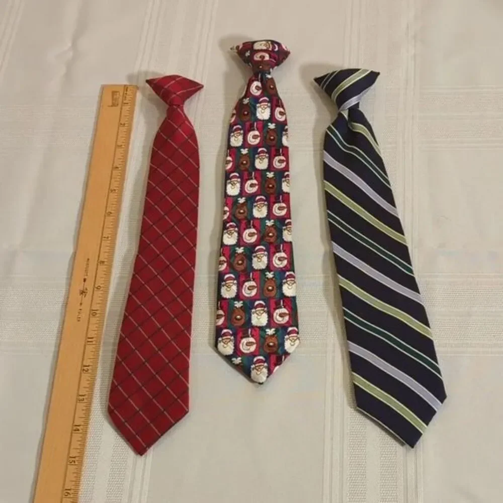 Clip-on Ties (3) Boys 15 Inch Christmas Blue Repp Stripe Red Check